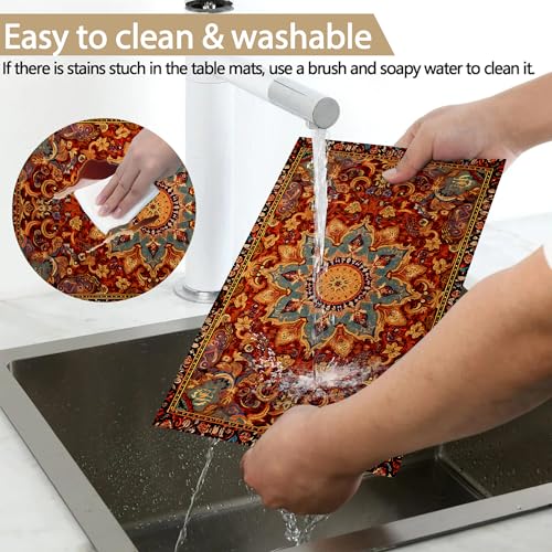 Linen Placemats Set of 6, Fall Boho Carpet Orange Brown Washable Table Mats 12x18 Inch, Heat Resistant Non Slip Placemats for Dining Table Kitchen Everyday Use - color: Fall Boho Carpet Orange Brown