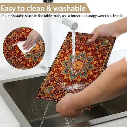 Linen Placemats Set of 6, Fall Boho Carpet Orange Brown Washable Table Mats 12x18 Inch, Heat Resistant Non Slip Placemats for Dining Table Kitchen Everyday Use - color: Fall Boho Carpet Orange Brown