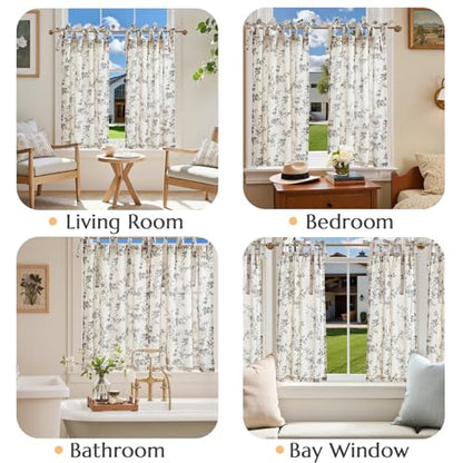 jinchan Black Floral Kitchen Tier Curtains Alisa 36 Inches Tie Top 2 Panles - color: Alisa Black on Linen, size: 26"W x 36"L (Pack of 2)