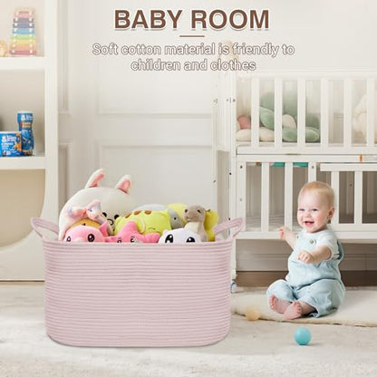 YOUDENOVA Large Blanket Basket, Rectangle Cotton Rope Storage Basket, Pink - color: Light Pink