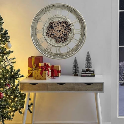 CLXEAST 24" Moving Gear Wall Clock for Living Room, Antique Champagne | Metal Case, Tempered Glass Lens, SIilent Non Ticking, Industrial Farmhouse Wall Clock for Dinning Room & Home Office - color: 24" Antique Champagne
