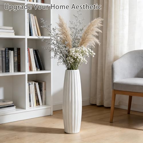 White Tall Ceramic Floor Vase, 24 Inch, Ribbed Drum Design - color: Vertical Stripes, size: Height-24 Inch