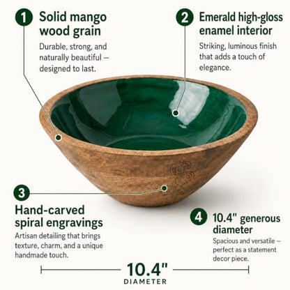 Green Wooden Decorative Bowl, Mango Wood Bowl Decor, High-Gloss Interior