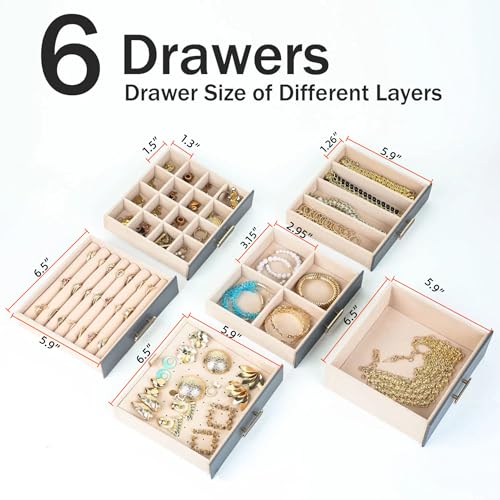 BOOVO Clear Lid Jewelry Box 6 Layer Jewelry Organizer(Grey, 6 Layer) - color: Grey, size: 6 Layer