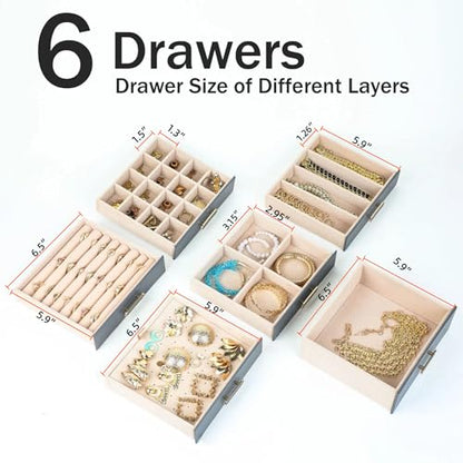 BOOVO Clear Lid Jewelry Box 6 Layer Jewelry Organizer(Grey, 6 Layer) - color: Grey, size: 6 Layer