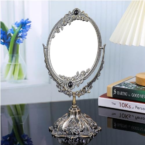 Guppy Small Metal Vintage Makeup Mirror, Floral Tabletop Oval Cosmetic Mirror, Vintage Swivel Double Sided Cosmetic Mirror, with Embossed Frame Base, Retro Mirror for Dressing Bedroom-Antique Bronze - color: Bronze, size: 11.5"L x 5.1"W
