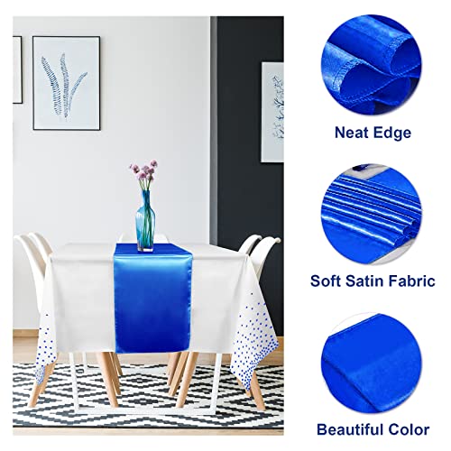 8Pack Disposable Plastic Tablecloths and Satin Table Runner White and Royal Blue Dot Tablecloth Blue Satin Table Runner for Wedding Birthday Baby Shower Anniversary Christmas New Year Party Supplies - color: White and Blue, size: 8 Pack
