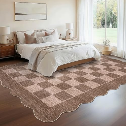 Garvee 9x12 Washable Rugs for Living Room Checkered Scalloped Rug, Brown - color: Scalloped - Brown, size: 9' x 12' (Rectangular)