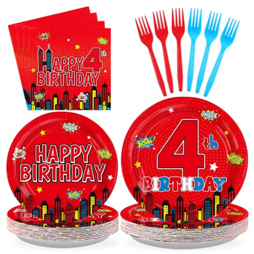 Grencian 96 Pcs Spider 4th Birthday Party Decorations, Serves 24 - style: Spider 4th Birthday Kit