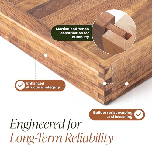 22" x 22" Large Square Acacia Wood Ottoman Tray with Extended Metal Handles, Oversized Decorative Serving Tray for Coffee Table, Ottoman, Breakfast in Bed & Living Room Decor