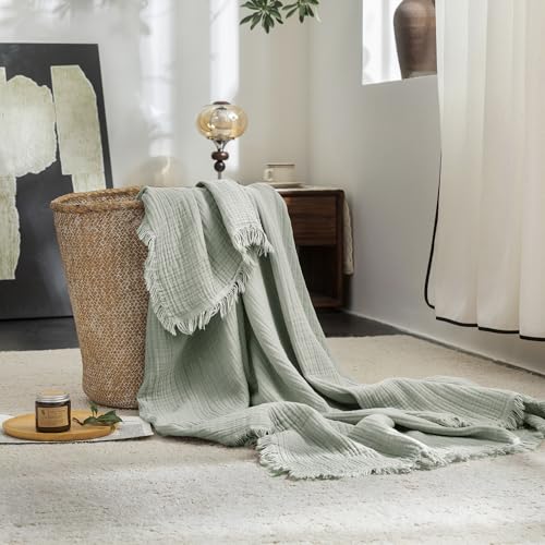 FOSSA Muslin Blanket 4-Layer 100% Cotton Gauze Blanket with Fringe 50"x70" - color: Sage Green, size: Throw XL (50" × 70")