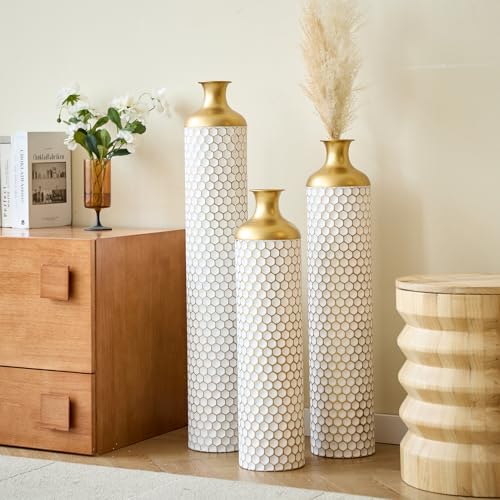 Metal Tall Floor Vase Set of 3, Large Gold Vase Decorative Tall Stand Vases for Dried Flower, Modern Home Decor for Living Room, Hallway, Wedding Centerpiece, 24"/28.7"/33.4", Honeycomb Gilded Relief - color: Honeycomb Gilded Relief