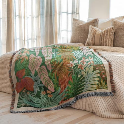 JQZ Tropical Botanical Throw Blanket, Woven Tapestry with Fringe, Colorful Jungle Foliage Design, Green Pink Orange