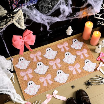 Dunzy Halloween Welcome Mat Pink Ghost Door Mat Bow Floral Halloween Rug - style: Flower Bow Ghost