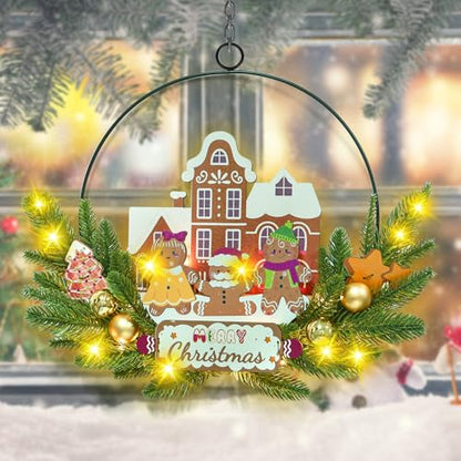 Pre-Lit Christmas Wreath for Front Door, Lighted Witch with 6H On/18H Off - color: Gingerbread-warm White