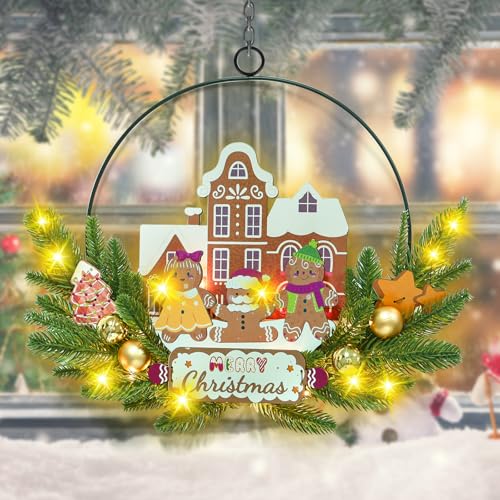 Pre-Lit Christmas Wreath for Front Door, Lighted Witch with 6H On/18H Off - color: Gingerbread-warm White