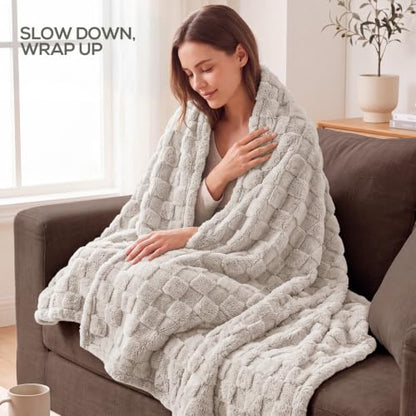 Utopia Bedding Plush Checkered Fleece Blanket Linen Throw, 50x60 Inches - color: Linen, size: Throw