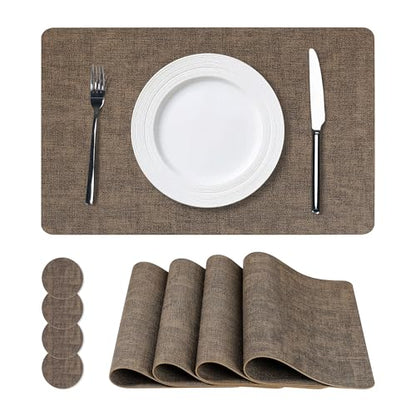NCUE Vinyl Placemats Set of 4, 17"x12" Wipeable Place Mats with Coasters - color: Dark Coffee, size: Set of 4
