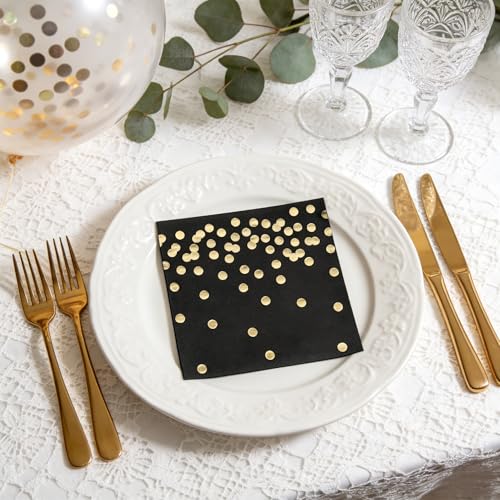 80 Pack of White Paper Cocktail Napkins with Gold Foil Polka Dot Confetti，Polka Dot Party Supplies(5 x 5 in，3-ply) (Black) - style: Black Gold Dot
