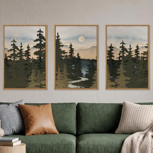 HPNIUB Large Boho Mountain Forest Pine Tree Framed Wall Art Set -24"x36"x3 - color: Forest Nature Wall Art, size: 24"L x 36"W