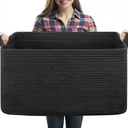 OIASKET 70L Large Blanket Basket, 21.6" x 16.9" x 11.8" Woven Basket - color: Black, size: 21.6"x16.9"x11.8"