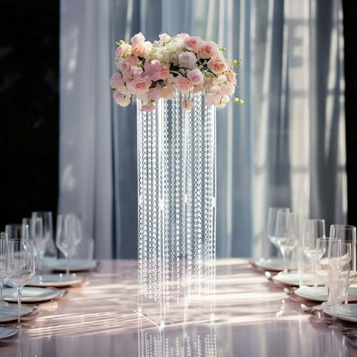 Efavormart 40" Heavy Duty Acrylic Flower Pedestal Vase with Hanging Crystal Beads, Clear Pillar Stand Wedding Table Centerpieces with Pre-Chained Garlands - 5mm Thick Plates - size: 11"W x 40"H