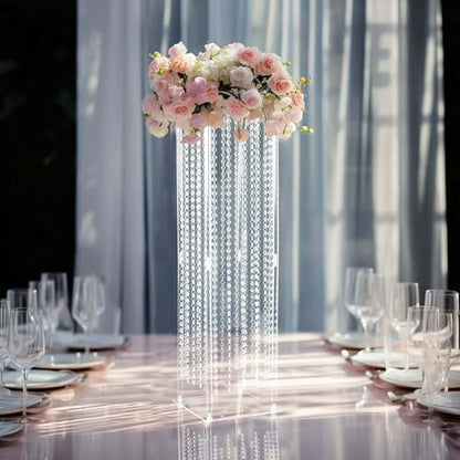 Efavormart 40" Heavy Duty Acrylic Flower Pedestal Vase with Hanging Crystal Beads, Clear Pillar Stand Wedding Table Centerpieces with Pre-Chained Garlands - 5mm Thick Plates - size: 11"W x 40"H