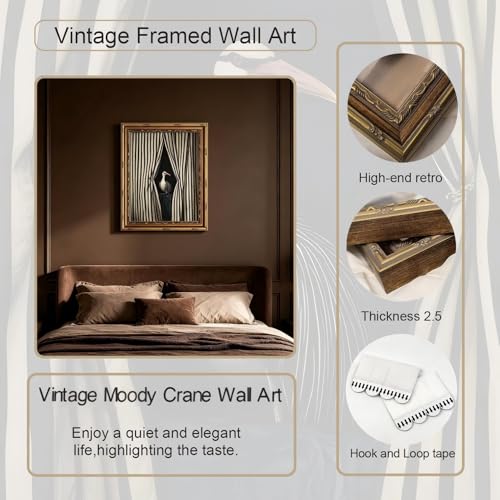 Vintage Framed Canvas Wall Art Moody Crane Pictures Wall Decor, Vintage Eclectic Bird Canvas Prints, Whimsical Surreal Humorous Animal Printings, Striped Artwork for Bathroom Bedroom Home Decor - color: crane, size: 9"L x 11"W