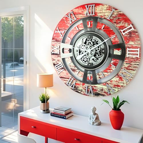 ImprovingLife The Gears Clock Real Moving Gear Wall Clock England Line (Red Lava, 24 inches (60 cm)) - color: Red Lava, size: 24 inches (60 cm)