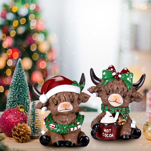 Karenhi 2 Pcs Highland Cow Figurines, Christmas Hot Cocoa Decor - style: Hot Cocoa