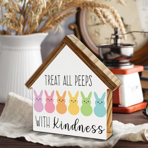 Easter Decor, Treat All Peeps with Kindness Bunny House Shaped Sign - color: TREAT