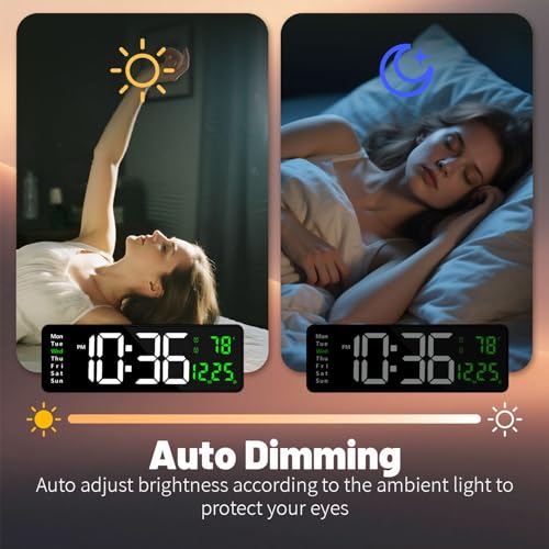 Digital Wall Clock with Automatic Brightness - LED Large Display Silent Clock for Living Room Bedroom Kitchen, Silent Wall Clock with Date Temperature, Decorative Digital Clock for Home Office