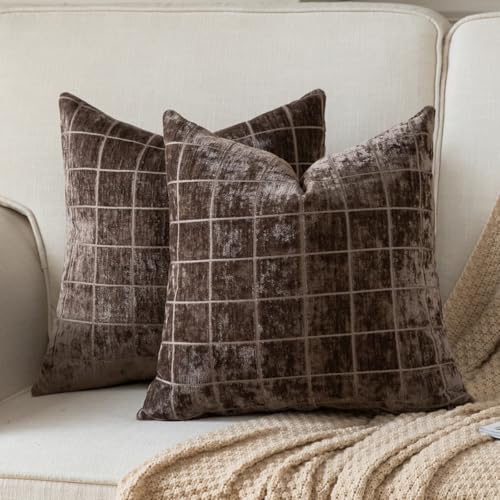 Set of 2 Chenille Check Throw Pillow Covers Decorative Vintage Plaid Pillowcase Neutral Boho Couch Pillows Farmhouse Cushion Covers for Sofa Couch Living Room 45x45 Inch,Brown - color: Brown, size: 18" x 18" (Pack of 2)