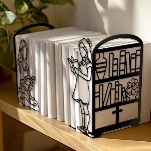 Peacoblue 5.5"x4.3"x8.3" Metal Bookends, Heavy Duty Book Ends for Shelves - style: Book and Reading Girl