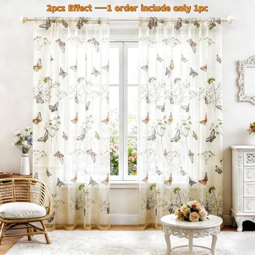 AiFish Embroidered Butterfly Window Floral Sheer Curtains for Kids Room Country Style Dandelion Pattern Rod Pocket Tulle Gauze Voile Panel Drapes for Living Room 1 Panel W39 x L63 inch - size: 39"W x 63"L (Pack of 1)