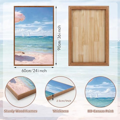 KAlRNE Pink Coastal Framed Art Prints Ocean Canvas Wall Art Set-24’’X36’’X3 - color: Pink Beach, size: 24"Lx36"W