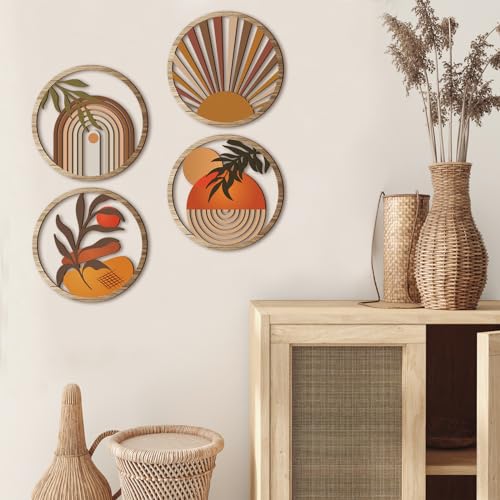 Qunclay 4 Pcs Boho Wall Art Bohemian Wood Round Circle Wall Decor Stylish - style: Stylish