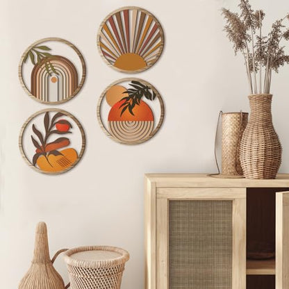 Qunclay 4 Pcs Boho Wall Art Bohemian Wood Round Circle Wall Decor Stylish - style: Stylish
