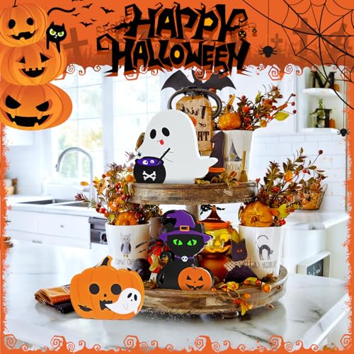 Cute Halloween Decorations Indoor, 3 PCS Wooden Ghost Pumpkin Halloween Decor for Home Table Office Desk Tiered Tray Party Shelf Display Mantle Kitchen Room Spooky Decorations - style: GhostPumpkinCat
