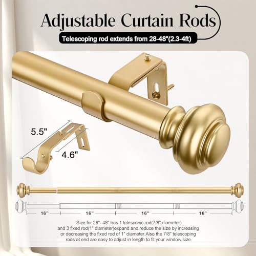 SIMEWIN Heavy Duty Curtain Rods, 1 Inch Gold, 28 to 48 Inches, Adjustable, Wall Mounted, Metal, Glossy Gold Finish, Classic Finials - color: Gold, size: 28"-48"