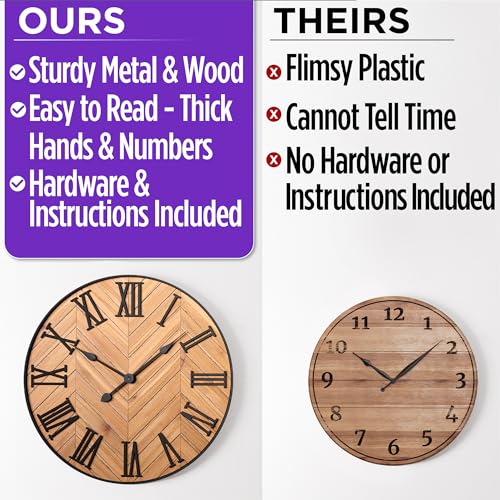 Large Wall Clock 24" Round, Silent Metal & Wood with Big 3D Roman Numerals - color: Brown