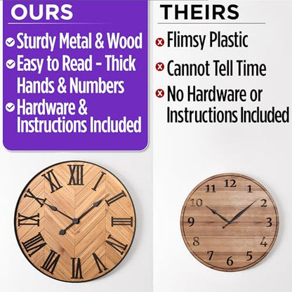 Large Wall Clock 24" Round, Silent Metal & Wood with Big 3D Roman Numerals - color: Brown