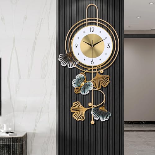 Large Wall Clock for Living Room, Round dial with Golden Green Leaves and Butterfly, Modern Silent Non-ticking Metal Wall Clocks for Kitchen Bedroom Study Office, 12.5x25.5inch (Gold Butterfly&Leaves) - color: White Leaf