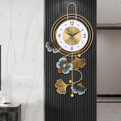 Large Wall Clock for Living Room, Round dial with Golden Green Leaves and Butterfly, Modern Silent Non-ticking Metal Wall Clocks for Kitchen Bedroom Study Office, 12.5x25.5inch (Gold Butterfly&Leaves) - color: White Leaf