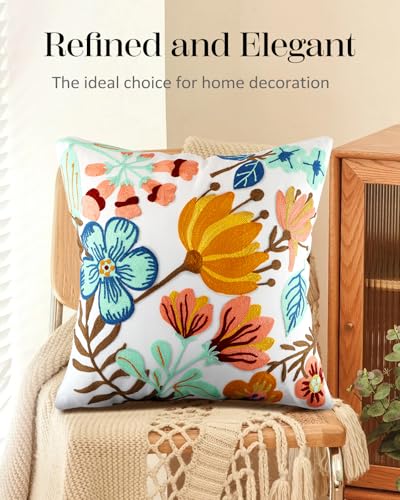 Embroidered Throw Pillow Cover, 18x18 Inch, Boho Floral - color: Elegant Flowers, size: 18" x 18" (Pack of 1)