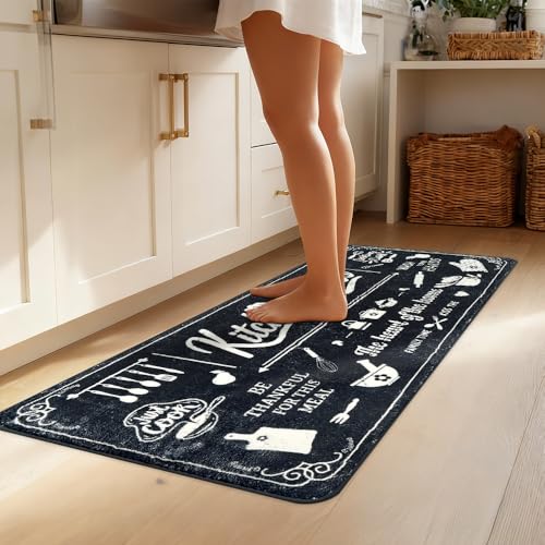 Kitchen Mats 24x72inch High Pile Rug,Thickened Kitchen Rug Kitchen Rules Theme Rugs Waterproof Non-Slip Rugs Comfort Standing Mat for Kitchen, Laundry Room, Farmhouse Home Decor - color: Black, size: 24x72inch