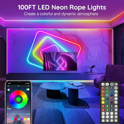 AILBTON 100FT Neon Rope Lights, RGB LED Strip Lights, Waterproof IP67 LED Lights for Bedroom, DIY Design, Music Sync, Remote Control, Multiple Modes for Bedroom - size: 100FT