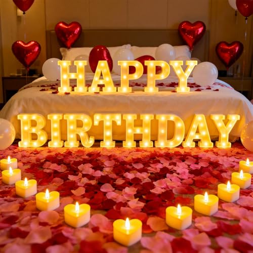 Happy Birthday Light up Letters, Include Tea Lights Candles, Latex Balloons, Aluminum Balloons and Rose Petals, Special Festival, Surprise Gifts for Women and Men - color: Happy Birthday