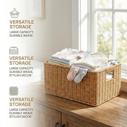 Hemobllo Imitation Woven Rattan Basket Desktop Storage Bin with Handles Large Capacity Shelf Organizer for Organizing Toys Pantry Sundries 13.38''