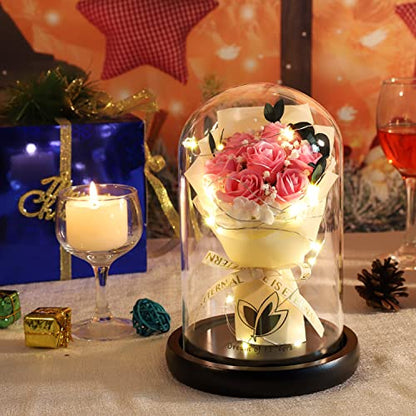Beauty and The Beast Rose,Lasts Forever Pink Roses,Light Up Rose in Glass Dome,Gifts for Women,Birthday Gifts for Mom,Wife,Grandma,Anniversary,Mothers,Thanksgiving,Christmas Flowers Gifts - color: Pink